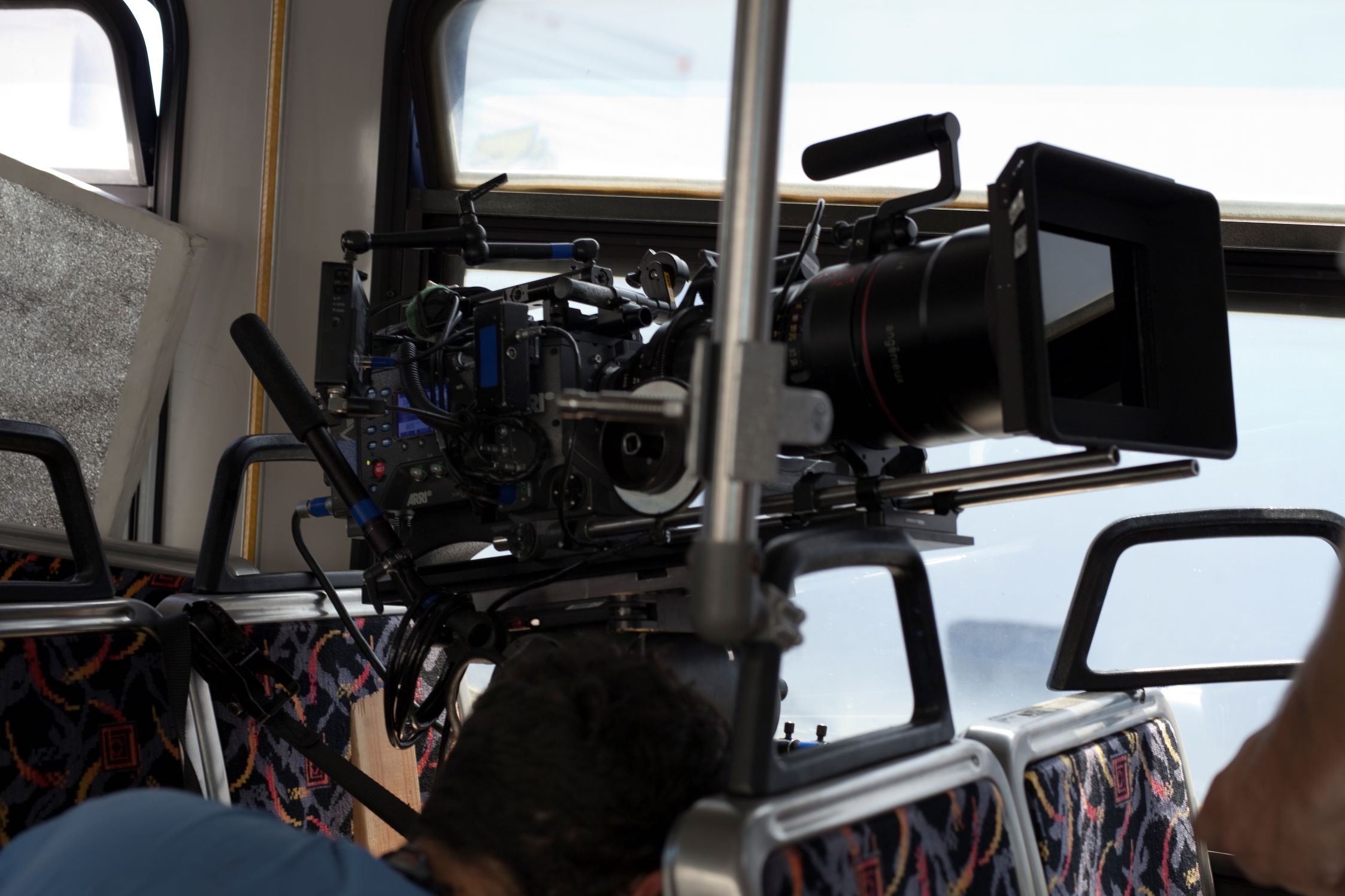 Cinema film camera on mounted on a city bus for the feature film "Walter."